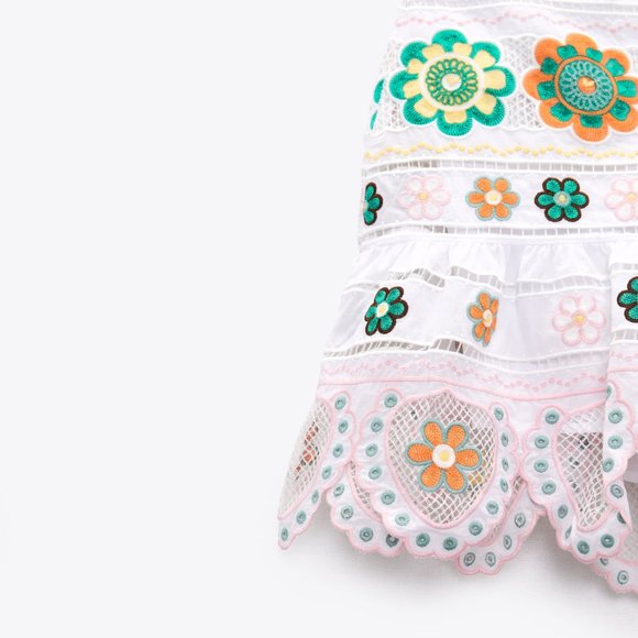 ZARA Embroidered Cotton Floral Tiered Mini Skirt, Skort- Size XS - Picture 9 of 14